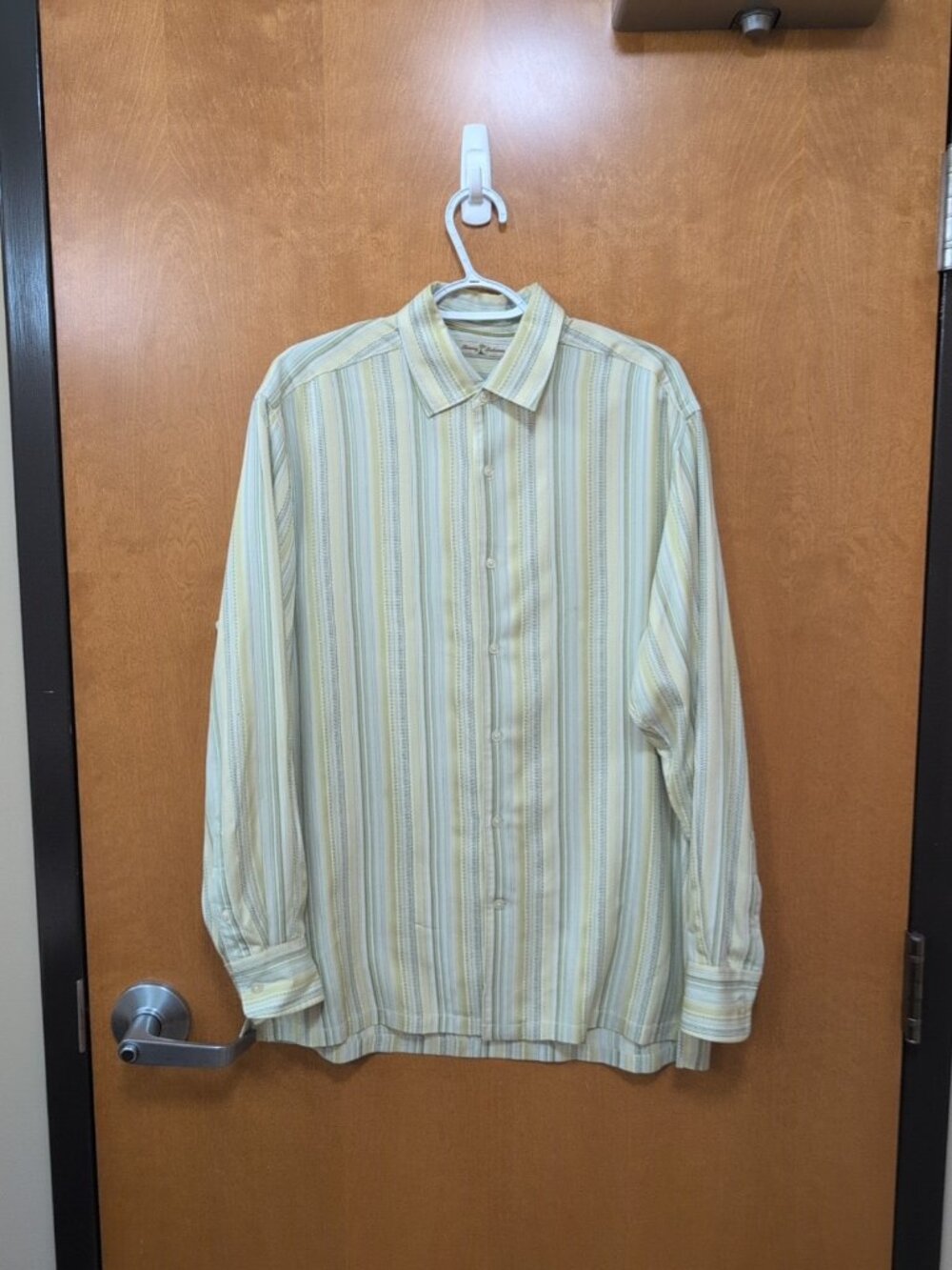 Tommy Bahama Shirt Mens M Yellow Long Sleeve Button Up Striped 100% Silk Beach